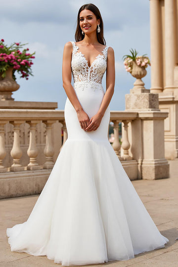 V-Neck Organza Mermaid Ivory Wedding Dress with Lace Appliques